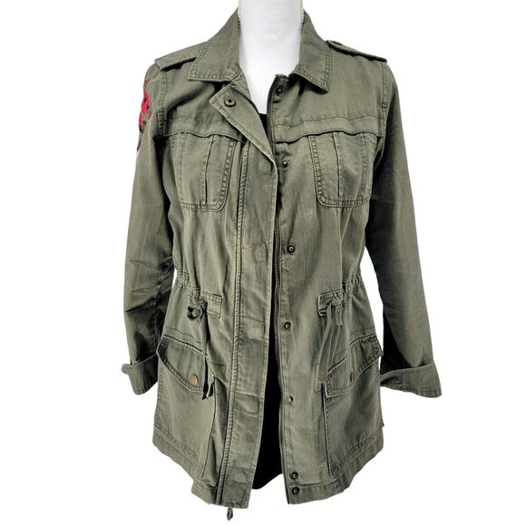 Olive Green Canvas Military Utility Jacket w/ Floral Embroidery,‎ Size S - Picture 1 of 7